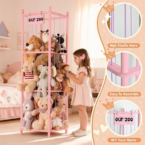 LAMU Stuffed Animal Storage, Wooden Zoo Stuffed Animal Holder with Elastic Cords, Space Save Toy Organizer, Extra Large Capacit Stuffed Animal Organizer for Playroom, Bedroom, Nursery, Pink thumbnail 4