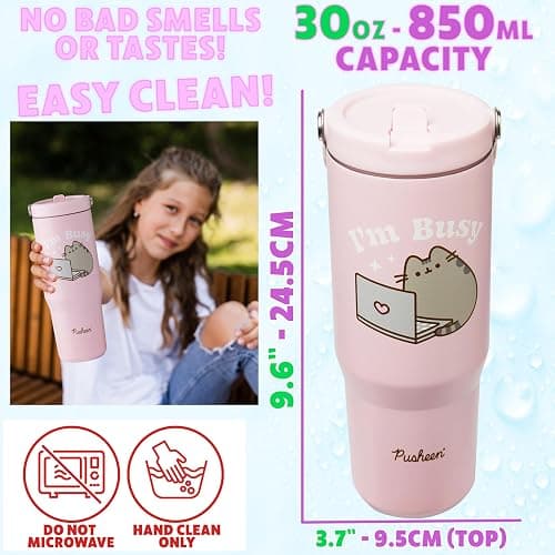 Get Trend Pusheen Tumbler Stainless Steel with Straw 30oz Girls Teens Women Insulated Cup with Lid Travel Mug for School Sports Cute Gifts for Girls (Pink Pusheen) thumbnail 2
