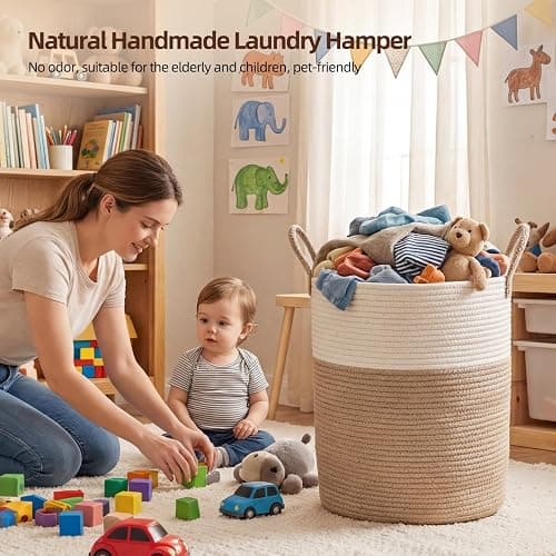 OIAHOMY Large Laundry Basket Hamper - 60L Cotton Rope Woven Basket for Blankets, Toys, Clothes - Tall Decorative Nursery Hamper with Long Handles, Brown/White thumbnail 5