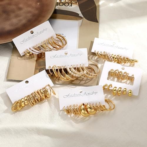 42 Pairs Gold Hoop Earrings Set for Women, Fashion Chunky Pearl Earrings Multipack Twisted Statement Earring Pack, Hypoallergenic Small Big Hoops Earrings for Birthday Party thumbnail 2