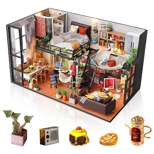 Foyucool DIY Miniature House Kit, Dollhouse Kit with Furnitures, 1:24 Mini House Making Kit for for Adult to Building, Father's Day/Home Decorations/Gifts for Family and Friends, Loft - Loft - Image 1