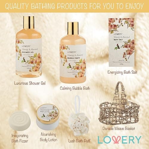 Christmas Gift Baskets for Women Gifts for Women Who Have Everything, Home Spa Honey & Almond Scent, Luxury Bath & Body Set - Shower Gel, Bubble Bath, Body Lotion, Salts, Bath Bomb, Bath Puff. thumbnail 4