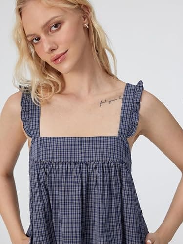 CIDER Womens Mini Dress Gingham Print Square Neck Ruffle Straps Loose Fit Slip Dress Holiday Casual Dresses thumbnail 3