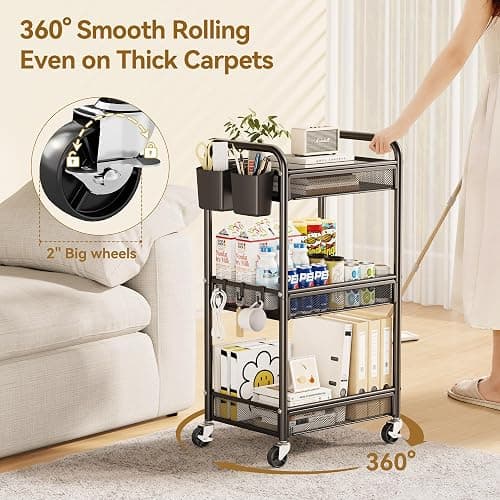 YASONIC 3 Tier Rolling Cart – Metal Utility Storage Carts with Wheels, Craft Cart Organizer with Hanging Cups, Hooks, Mesh Basket for Bedside Kitchen Office Art, Black thumbnail 6