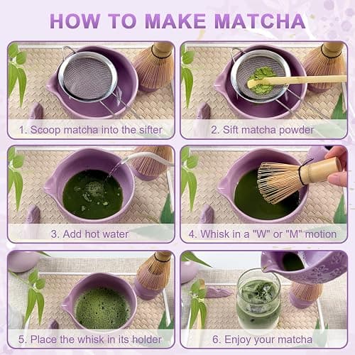 SEEYAURO Matcha Whisk Set––7pcs Japanese Matcha Set Kit with Matcha Bowl, Bamboo Whisk, Whisk Holder, Scoop, Towel&Sifter–Perfect for Matcha Lovers&Tea Ceremonies-Cherry Blossom Purple thumbnail 6