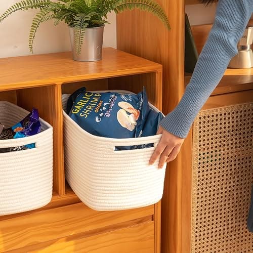 OIAHOMY 4 Pack Storage Baskets for Organizing, Cube Storage Bins for Shelves, Rectangle Storage Baskets With Handles, Woven Baskets for Storage, 12.7''Lx9''Wx7.8''H, White thumbnail 2