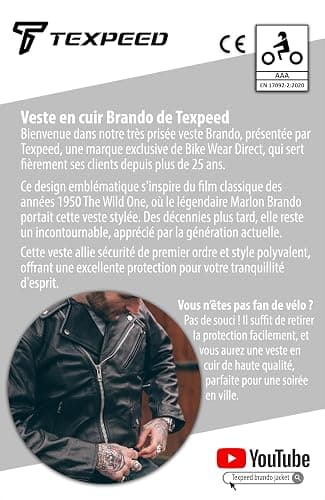 Texpeed Veste moto cuir homme homologué avec protections - Perfect Marlon Brando rétro Chopper blouson - Avec protection véritable biker CE armor (EN 1621-1) Noir - L thumbnail 3