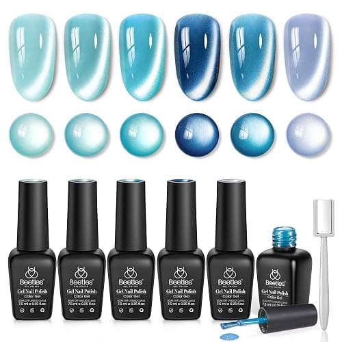 beetles Gel Polish Moonlit Mist Cat Eye Gel Nail Polish Set - 6 Colors Blue Glitter Fall Gel Nail Kit, Jelly Sheer Magnetic Shine Soak Off UV Gel for Salon DIY Manicure Gift for Women - Image 1