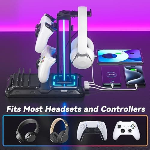 KDD Headset Stand with Charging Station - Detachable Controller Holder with 9 Light Modes - Rotatable Headphone Hanger with USB A&C Charger Ports - Earphone Hook for PC Gaming Accessories Storage thumbnail 5