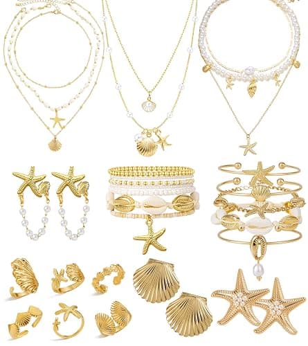Vieyomn 32 Pcs Starfish Seashell Jewelry Set for Women Layer Necklace Bracelets Stackable Shell Starfish Rings Stud Earrings Pearl Beach Vacation Accessories - Image 1