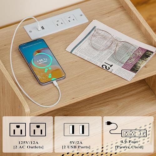 Lerliuo Rattan Nightstands Set of 2 with Charging Station, Boho Night Stand | Handmade Natural Rattan Drawer and Open Shelf, Side End Tables with Solid Wood Legs for Bedroom, Dorm, Small Spaces thumbnail 5