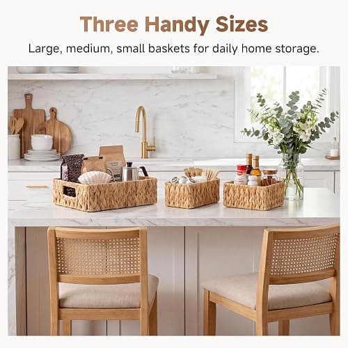 StorageWorks Pantry Baskets for Shelves 3 Pack, Rectangular Wicker Basket with Handles, Natural Water Hyacinth Woven Baskets for Living Room, Toilet, Shelf Storage Basket for Home Decor thumbnail 6