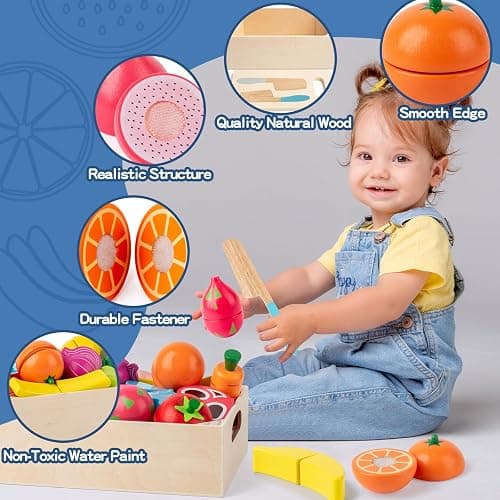 32 Pcs Wooden Play Food Sets for Kids Kitchen Accessories, Montessori Educational Toys Food, Pretend Play Food for Toddlers, Velcro Fruits and Vegetables Cutting Set for Kids Boys Girls thumbnail 3