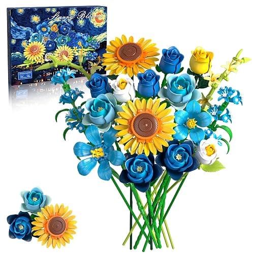 Teefrye Blue Rose Sunflower Building Block Set: Compatible with Lego Flowers Adults Women Gothic Artificial Botanical Collection Van Gogh Starry Night Christmas Valentine's Gifts Home Decor (832 PCS) - Image 1
