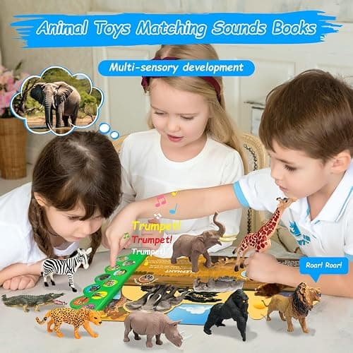 iGRATENS Safari Animals Figures Toys with Sound Books, 10PCS Realistic Jungle Animals Figures & Safari Animals Book with 10 Buttons, Zoo Animal Toys, Learning Toy for 3+ Year Old Boys, Girls, Kids thumbnail 3