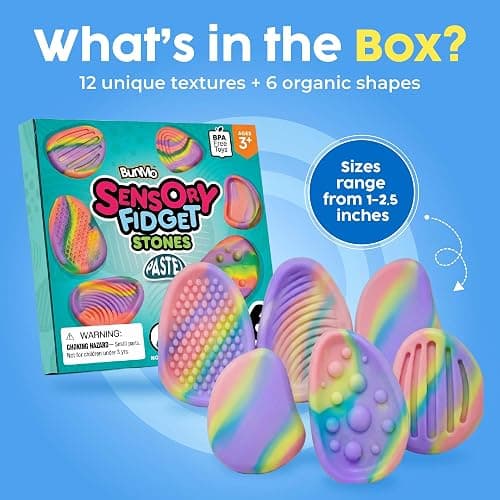 BUNMO Fidget Toys - Fidget Stones Sensory Toys – 6pk Pastel | Silicone Worry Stones for Kids Ages 3+ | Portable, Textured, Quiet Sensory Stones for Hands-On Play thumbnail 8