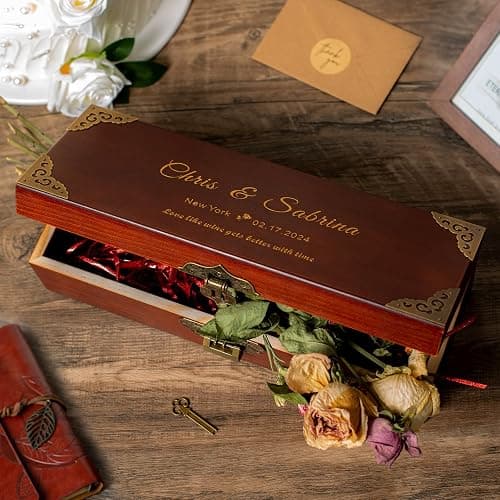 ERUOAEY Personalized Wood Wine Box, Custom Engraved Wine Gift Box, for Wedding, Anniversary, Engagement, Wine Box Ceremony, Bridal Shower thumbnail 2