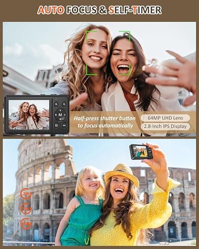 Digital Camera - 4K Point and Shoot Small Digital Cameras - 64MP UHD Autofocus Compact Camera for Photography with Flash - Portable Vlogging Camara Gifts for Kids with 32GB Card, 2.8" Screen, 16X Zoom thumbnail 5