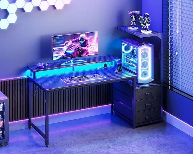 Casaottima 52 Inch Gaming Desk with USB Charging Ports & LED Light - Reversible Computer Desk with 3 Fabric Drawers, Monitor Stand, CPU Stand, Modern Office Desk, Black thumbnail 2