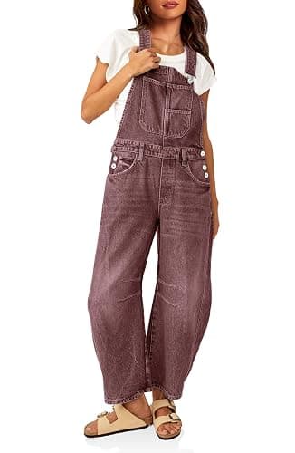 PLNOTME Womens Denim Bib Overalls Barrel Leg Adjustable Strap Jean Jumpsuit | 90s Outfits,Baggy Jumpers,Loose Overalls with Pockets - Image 1