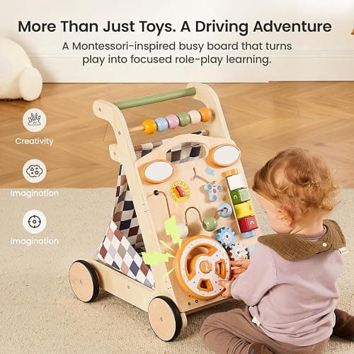 GROWNSY Wooden Baby Walker with Wheels, 3-in-1 Sit-to-Stand Push Walker | Adjustable Speed, Montessori Baby Walker with 7-in-1 Removable Activity Panel, First Birthday Gifts for Boys & Girls thumbnail 4