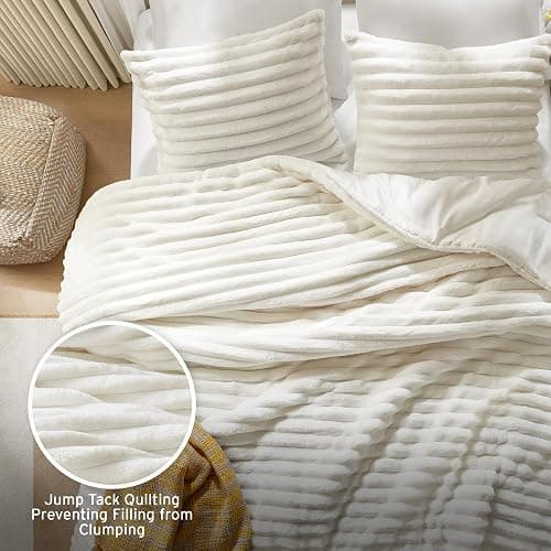 Intelligent Design Queen Comforter Set, Plush Bedding, Microfiber Reverse, 3 Piece, Lightweight, Super Soft Ribbed Velvet Comforter 2 Shams, All Season Fluffy Bed Set, Avril, Full/Queen Ivory thumbnail 3