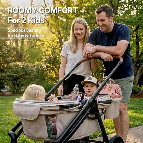 Weego Lightweight Wagon Stroller for 2 Kids, Foldable All-Terrain, Black | Double stroller wagon with removable canopy, adjustable push-pull handle, snack tray, cup holders and storage basket. thumbnail 5