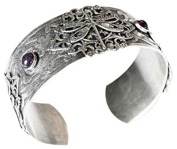 Elaine Coyne Collectible Artwear Mirror Antique Silver Victorian Filigree Dragonfly Cuff - Charoite