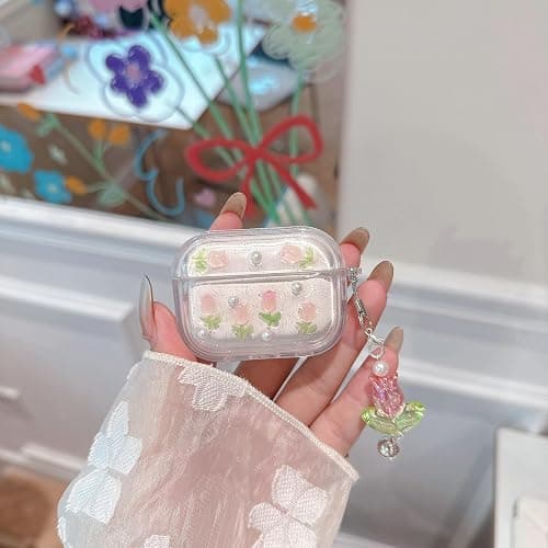JANDM 3D Tulip for AirPods Pro 3 Case with Keychain, Clear Glitter Pink Floral Design, Shockproof Protective Cover for Women Girls with Flower Charm Strap thumbnail 2