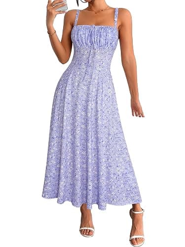 YATHON Women's Summer Midi Corset Boho Dresses Spring Casual Floral Spaghetti Straps Lace Up Dress Flowy Aline Beach Sundress - Image 1
