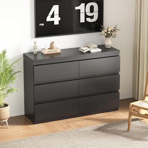 Jocoevol Black 6 Drawer Dresser for Bedroom, 15.3" D x 47.2" W x 32.3" H in Simply Modern Chest of Drawers, Wood Storage Double Dresser with Deep Drawers for Living Room, Hallway Entryway, Black thumbnail 8