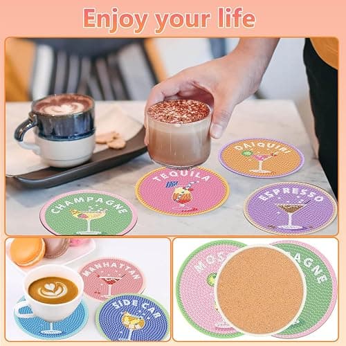 8 Pcs Cocktail Diamond Art Coasters Kit for Adults, Cocktail Diamond Painting Coasters with Holder, 5D Gem Art DIY Crafts Diamond Dots for Gift Life thumbnail 4