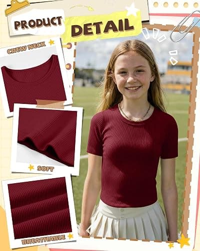 YooAurvox 3 Pack Girls' Short Sleeve T-Shirts Kids Ribbed Soft Tees Crew Neck Slim Basic Tops Solid Color 5-14 Years thumbnail 6