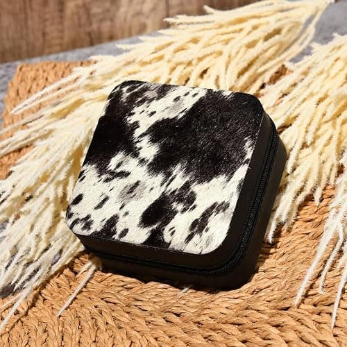 DEEKA Western Jewelry Box Case Real Leather Cow Print Cowhide Tooled Travel Jewelry Organizer Gifts Christmas Gifts for Women Country Girls Cowgirl Stuff Portable Travel Accessories -Black thumbnail 7