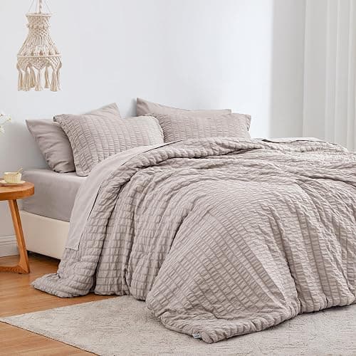 Love's cabin Seersucker Burlwood King Size Comforter Set 7 Pieces, All Season Bedding Set, King Bed in a Bag Comforter Set with Comforter, Flat Sheet, Fitted Sheet, Pillowcase and Pillow Sham - Image 1