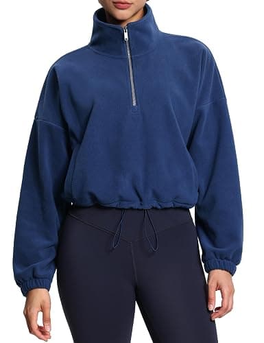 THE GYM PEOPLE Women’s Half Zip Crop Pullover Sweatshirt Fleece Loose Fit Workout Tops with Pockets Drawstring Hem thumbnail 7