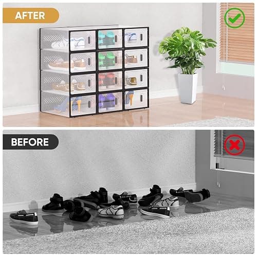 BALEINE 12 Pack Stackable Shoe Storage Boxes Fit Size 9, Thickened Clear Shoe Box Bins with Lids, Plastic Foldable Organizer Sneaker Storage Containers (Large, Black) thumbnail 7