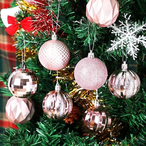 JULMELON 24PCS Pink Christmas Ball Ornaments, 60mm Shatterproof Tree Decor | Plastic, Xmas Tree Decorations, Wedding, Mothers Day Party, Assorted Style Decor, Large 2.4 in thumbnail 2
