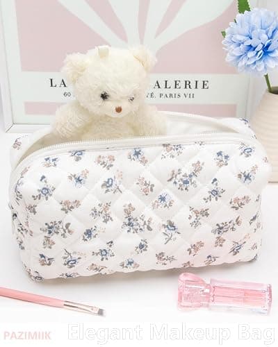 PAZIMIIK Vintage Quilted Makeup Bag Cosmetic Pouch for Brushes Pencils and Travel Make Up Accessories for Women and Girls Gauze Hyacinth thumbnail 2