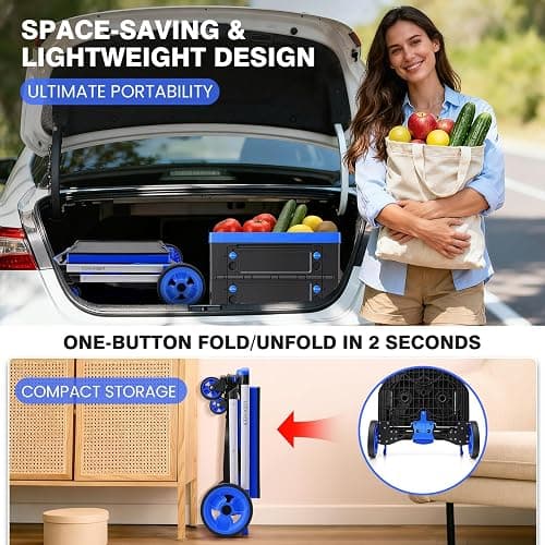 Collapsible Shopping Cart with Wheels Multi use Functional Collapsible Carts Mobile Folding Trolley, Collapsible Hand Truck and Dolly, Grocery Cart with Storage Crate Platform Hand Truck(Blue) thumbnail 6