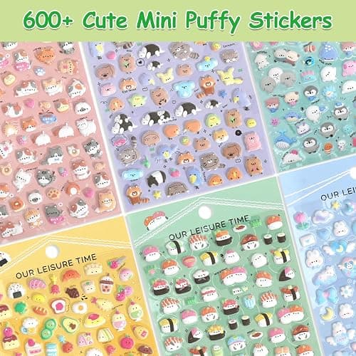 SHANGRLA 600+ Mini Puffy Stickers - Cute Tiny Small Kawaii 3D Puff Sticker for Kids,Girls,Adults - Japanese Micro Sticker for Rewards,Phone Case,Album-Includes Little Animals,Cats,Food & More,6 Sheets thumbnail 7
