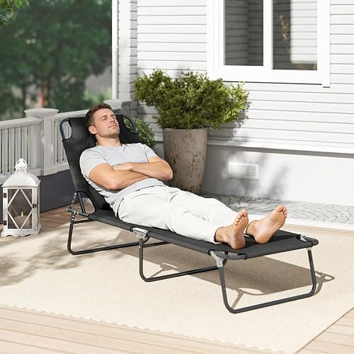 Outsunny Folding Chaise Lounge Chair, Reclining Beach Tanning Chair with Face Hole, Pillow, 4-Position Adjustable Lay Flat Sun Lounger, Steel Frame for Outdoor Patio Pool, Black thumbnail 8