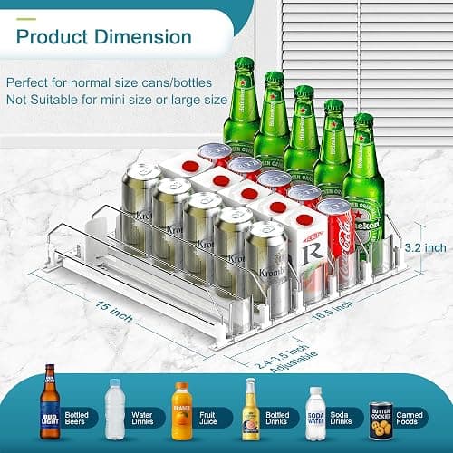 KUUKIKV Upgraded Drink Organizer for Fridge, Space-Saving Fridge Drink Organizer, Automatic Pusher Glide and Adjustable Width Drink Dispenser for Fridge - Holds Up to 25 Cans (5 Rows White) thumbnail 2