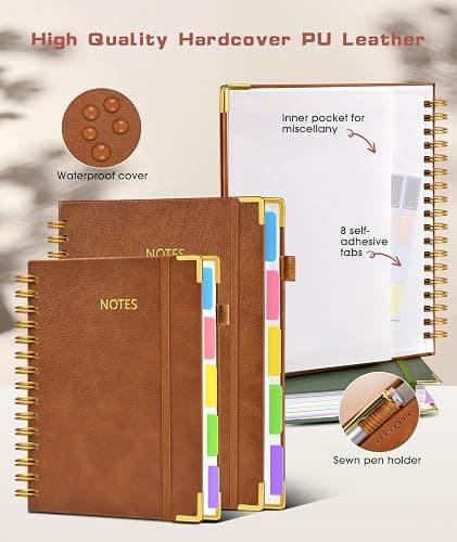 Hardcover Spiral Notebook journal with Removable Dividers Tabs, 300 Pages Leather 5 Subject Notebook College Ruled,A5 Notebooks for Work School Note taking,Lined Journal for Women,A5 Light Brown thumbnail 2