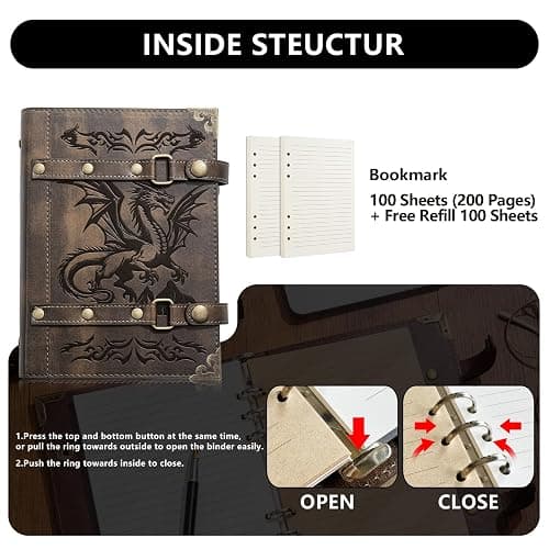 DUROTAN DND Notebook Dragon Journal for Dungeons And Dragons/D&D Accessory Gifts refillable Leather 400 Pages A5 personalized Notepad for Men and Women(1-Khaki-Dragon) thumbnail 5