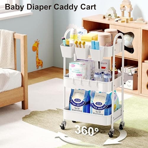 3 Tier Heavy Duty White Metal Rolling Cart with Lockable Wheels, Three Tier Roller Book Snack Cart, Utility Storage Organizer Carts for Kitchen, Bathroom, Garage, Baby Diaper, Craft, Art, Teacher thumbnail 5