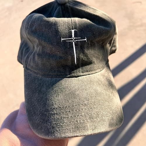 Giavuwn Christian Redeemed Cross Nails Hats for Men Women, Vintage Adjustable Cotton Embroidered Front & Back Baseball Cap thumbnail 5
