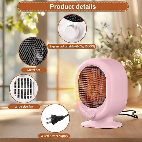 Mini Space Heater,1500W Small Desk Heater,2 Gears Adjustable,PTC Ceramic Heating,Tip-over & Overheat Protection,Fast Heating and Super Quiet Pink thumbnail 2