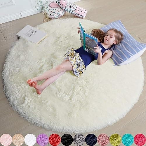 Amdrebio Ivory White Round Rug 4Ft for Kids Bedroom Aesthetic, Fluffy Fuzzy Furry Circle Area Rugs for Living Room Decor, Circular Plush Soft Shaggy Cream Carpet for Baby Nursery Dorm Teen Girls Boys - Image 1
