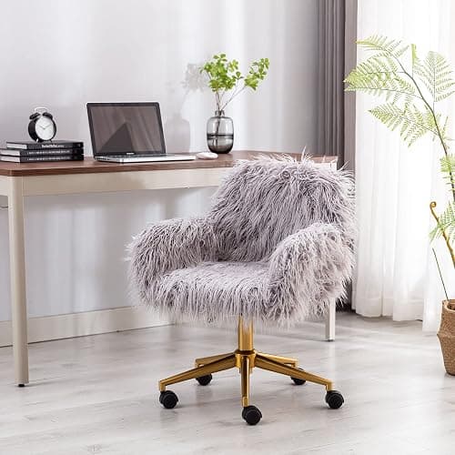KCC Fluffy Office Desk Chair, Faux Fur Modern Swivel Armchair with Wheels, Soft Comfy Fuzzy Elegant Accent Makeup Vanity Chairs for Women Girls, Home Living Dressing Room Bedroom, Gray thumbnail 2